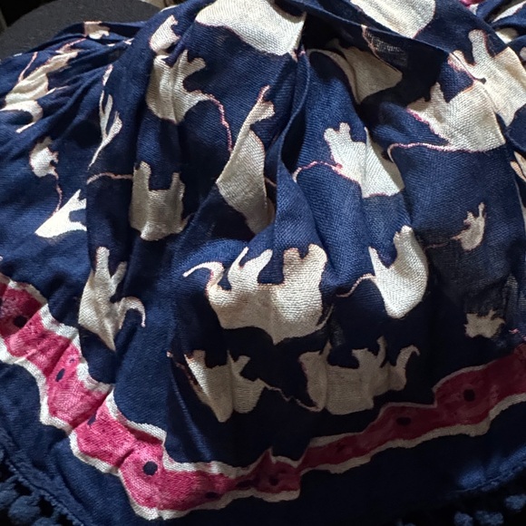 Ann Taylor loft, Navy and Pink Elephant Print Scarf with pom-pom fringe - Picture 11 of 12
